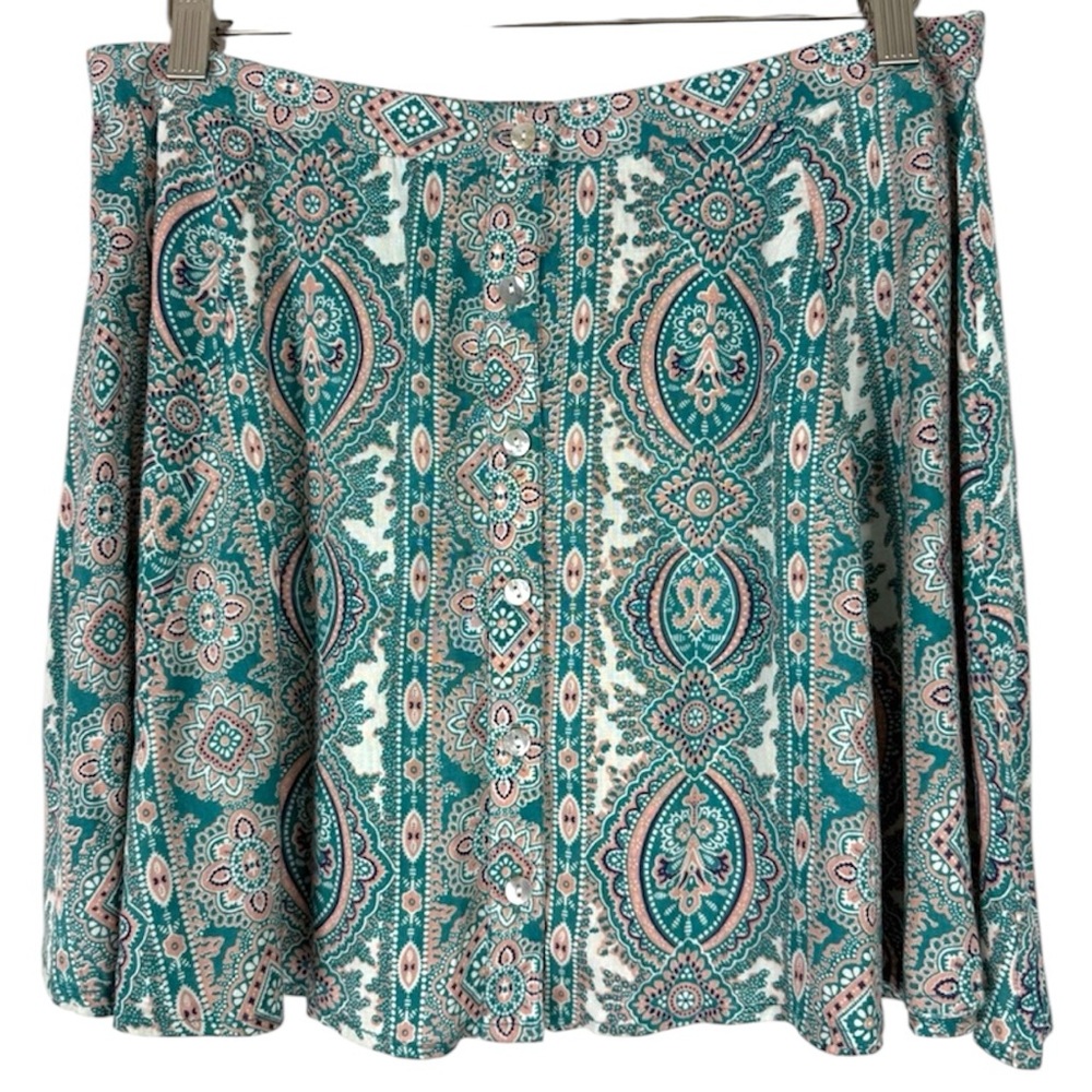 NWT Style House Teal Paisley Button Front Mini Skirt Size Large